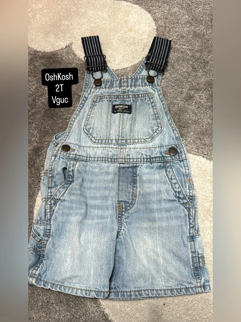 OshKosh B'gosh Light Blue Denim Short Overalls with Navy Striped Straps